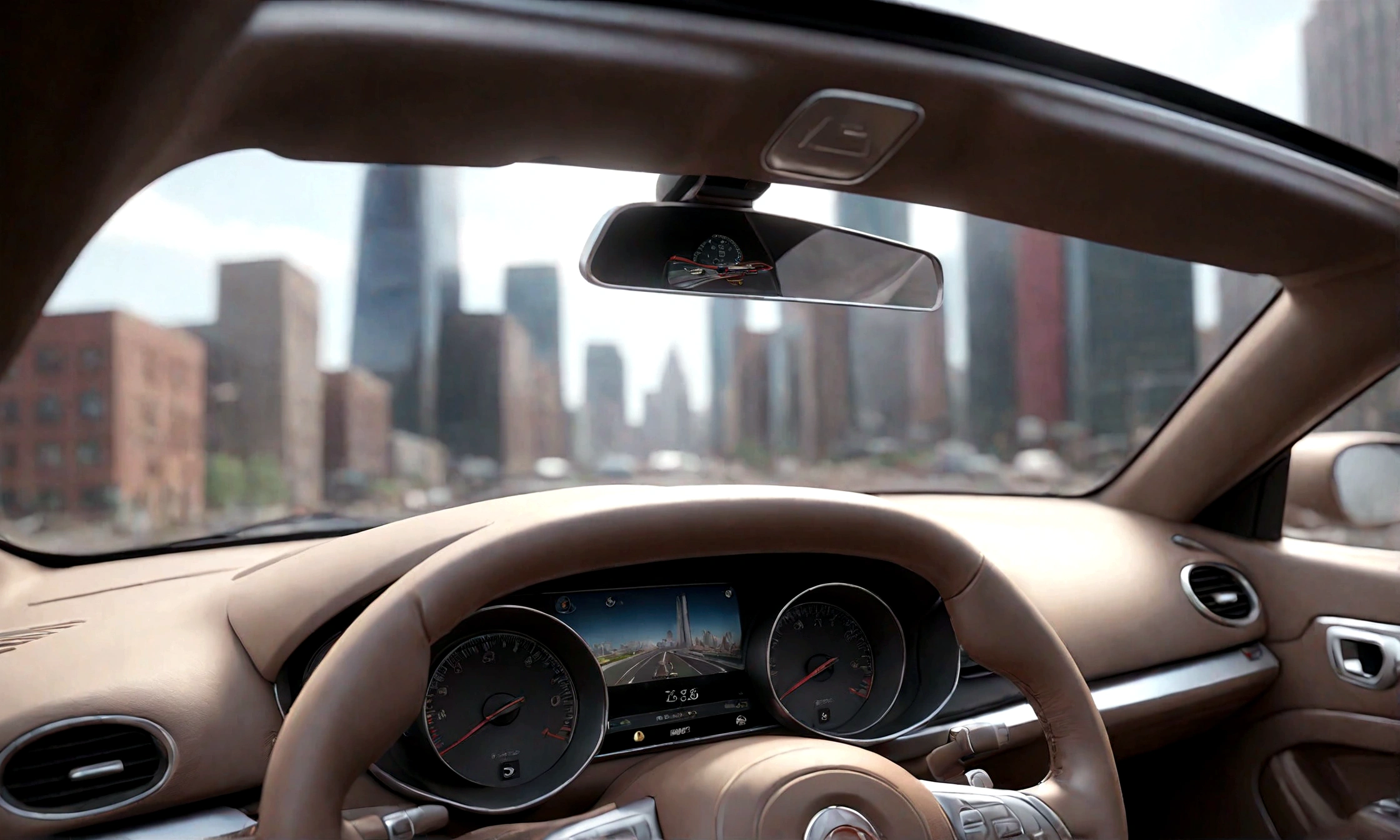 arafed view of a car with a dashboard and a view of a city, inside of a car, interior background, full view of a car, wide fov, a hyper realistic, hyper detailed scene, hyper-realistic, hyper - realistic, highly detailed environment, inside a grand, luxury, first person view perspective, realistic depiction, holographic display lenses