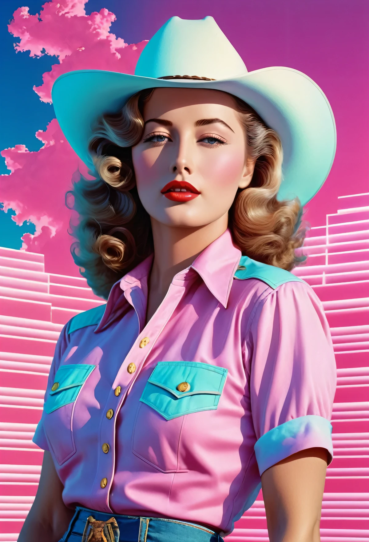 (Vaporwave Aesthetic:1.8), Beautiful vaporwave aesthetics in artwork, Barbara stanwyck, cowgirl, lesbian, 40s
