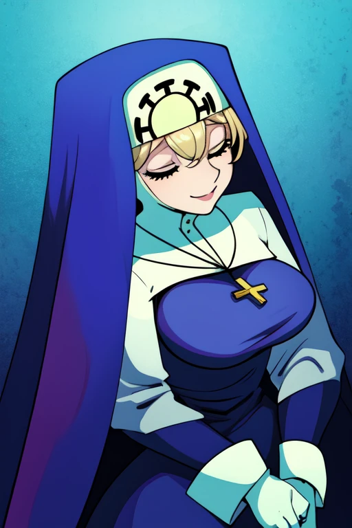 Double, short blonde hair, medium breasts, solo, 1girl, smiling, cowboy shot, closed eyes, 
 blue habit, cross necklace ,white gloves, long sleeves, nun, long skirt
(insanely detailed, beautiful detailed face,beautiful detailed eyes, masterpiece, best quality) from below, 