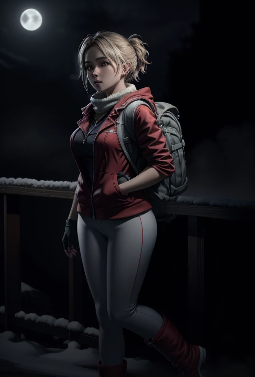 ((Best quality)), ((Masterpiece)), (detailed), (Detailed face:1.2), (Detailed eyes:1.2), (Perfect figure:1.2), (full-body-shot (front shot):1.3), 1girl, UDSam, solo, short hair, blonde hair, (Wearing: Red jacket, white leggings, fingerless gloves, snow boots and backpack), dark, gloomy dramatic, spooky lighting with lot of fog, foggy and snowing weather snowy, blizzard, in a forest, night time with huge white moon, intricate, absurdres, highest-quality, extremely-detailed, masterpiece, 8k UHD, 4k HDR, RAW photograph, film-grain
