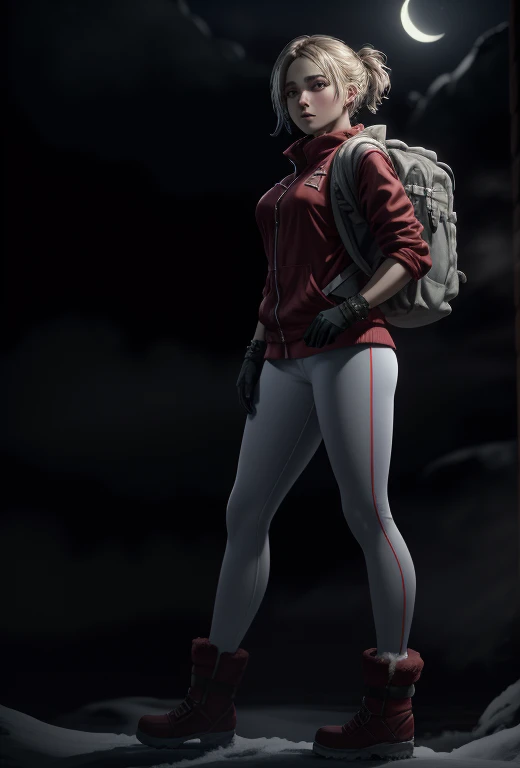 ((Best quality)), ((Masterpiece)), (detailed), (Detailed face:1.2), (Detailed eyes:1.2), (Perfect figure:1.2), (full-body-shot (front shot):1.3), 1girl, UDSam, solo, short hair, blonde hair, (Wearing: Red jacket, white leggings, fingerless gloves, snow boots and backpack), dark, gloomy dramatic, spooky lighting with lot of fog, foggy and snowing weather snowy, blizzard, in a desolated forest, night time with huge white moon, intricate, absurdres, highest-quality, extremely-detailed, masterpiece, 8k UHD, 4k HDR, RAW photograph, film-grain
