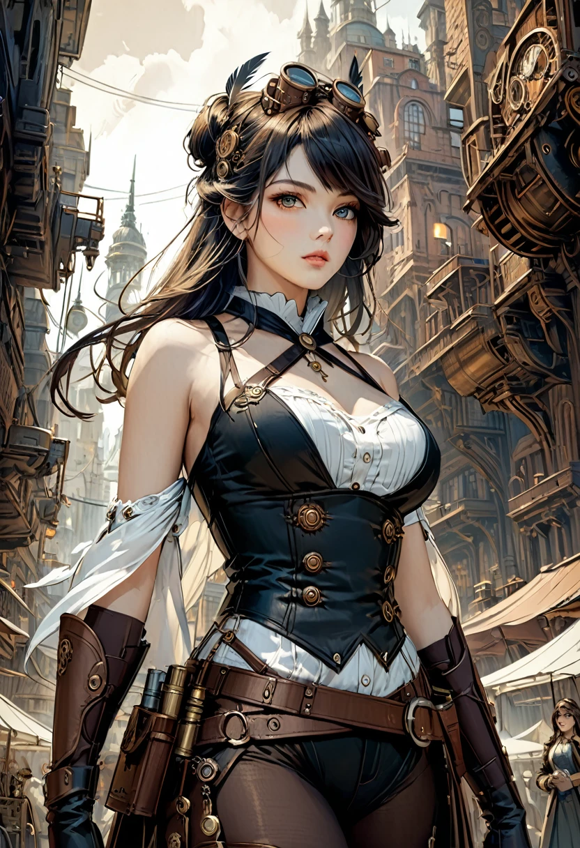    Double exposure of a beautiful and delicate female warrior，The background is a steampunk city perfect, Beautifully, Intricate illustrations, art work concept art work masterpiece, best quality, Super detailed, HD