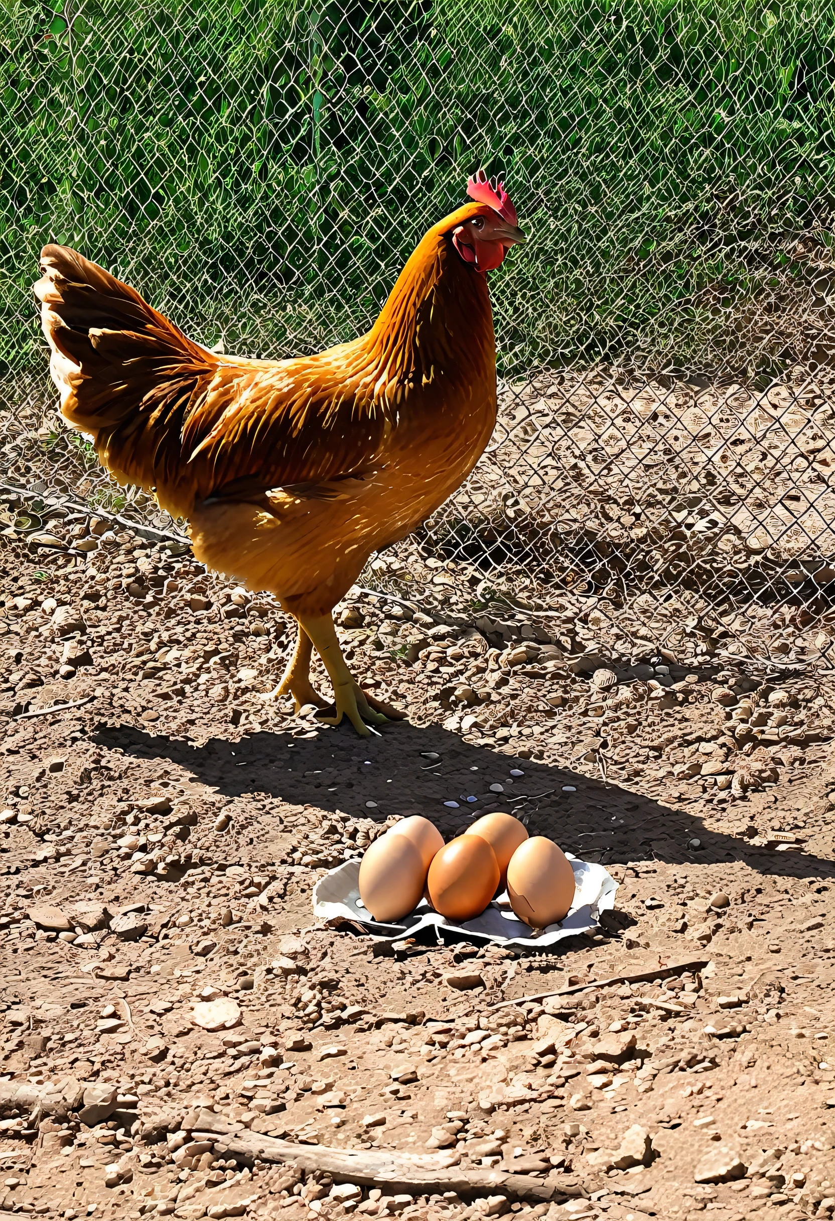 Una gallina con una cubeta de huevos,tacones y en una zona pastosa.