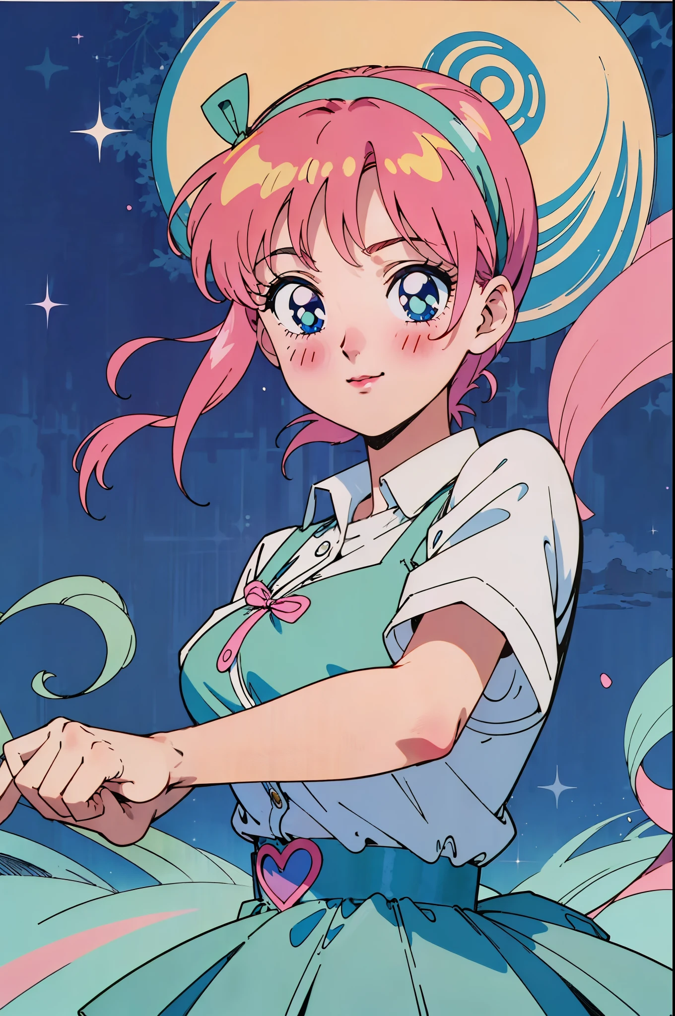 Ichika nakano, Smile, majokko,maho shoujo, dancing in the moonlight, dynamic pose, moonlight background, full body, dancing girl, pretty flowing dress, wind, sweet dreamy face, (Old anime, vintage anime, 90's anime style, naoko takeuchi style, masterpiece、top-quality, Official art、Beautifully Aesthetic:1.2)、(a beauty girl:1.3)、vivid colours、colourful, magical photography, dramatic lighting, intricate details, (1 girl, solo, alone), , sfw, nakano_ichika, blue eyes, indigo eyes, aaichika, sparkling blue eyes, sfw, pretty teenage girl with short oink hair, hair ribbon, green ribbon, heart shaped lips and blue eyes making a cute face, blushing, aayotsuba, Nakano ichika from The Quintessential Quintuplets, yotsuba Nakano, masterpiece, 4k, ultradetailed, cowboy shot, short pink hair,, blushing,, blue eyes, innocent, pure, kawaii, tender, lovely, cheery, cute