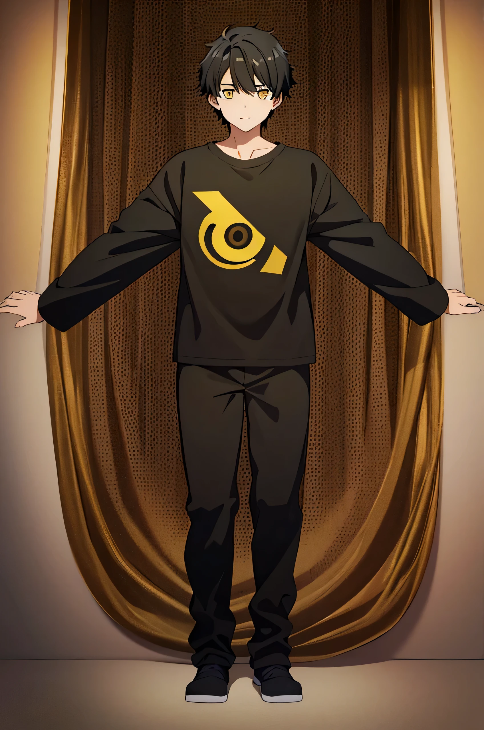 a young boy, black hair, yellow eyes, black pajamas, no background, full body