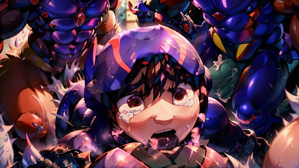 A young boy with devil-like wings is wearing a hero suit,Mouth wide open with expression of pain,Sweating and drooling profusely, dripping from his huge erects,A st well-trained body like a bodybuilder,A large amount of ,Orgy,self-suckiasturbatioro Suit,Devil Body,Biggest muscles、Across the muscle,Face facing up,rape,dorsal position,The people arome are regulated by Venom.,Very detailed,