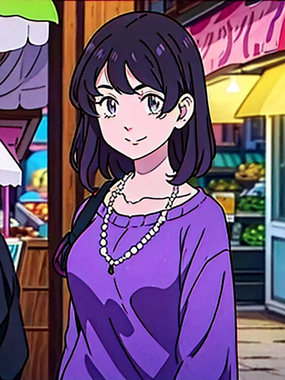 A -yeld giwith purple eyes, white skin, wavy black hair with bangs and violet highlights. She has a green sweatshirt and black shirt, sunglasses on her head and necklaces. She is walking alone through the streets of a market, with an excited smile.