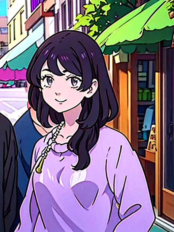 A -yeld giwith purple eyes, white skin, wavy black hair with bangs and violet highlights. She has a green sweatshirt and black shirt, sunglasses on her head and necklaces. She is walking alone through the streets of a market, with an excited smile.