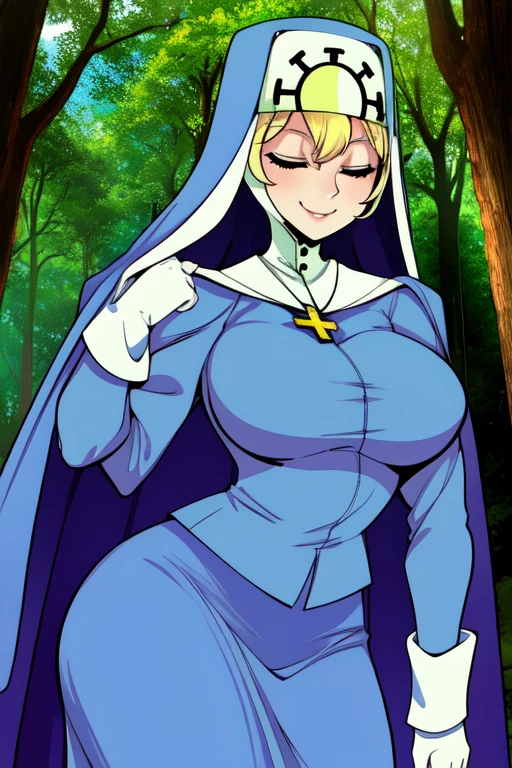 Double, short blonde hair, medium breasts, solo, smiling, cowboy shot, closed eyes, 
 blue habit, cross necklace ,white gloves, long sleeves, nun, long skirts, cape
(insanely detailed, beautiful detailed face,beautiful detailed eyes, masterpiece, best quality) forest 
   