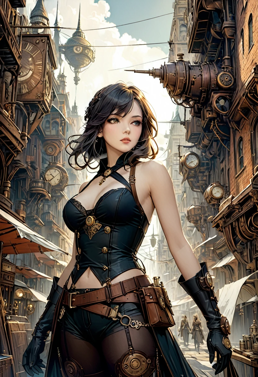    Double exposure of a beautiful and delicate female warrior，The background is a steampunk city perfect, Beautifully, Intricate illustrations, art work concept art work masterpiece, best quality, Super detailed, HD