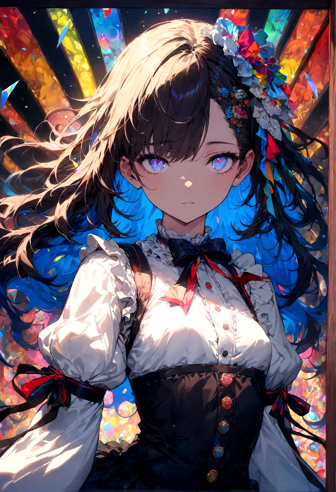 ((illustration)), ((floating hair)), ((chromatic aberration)), ((caustic)), lens flare, dynamic angle,  ((portrait)),  (1 girl), ((solo)), cute face, ((hidden hands)), asymmetrical bangs, (beautiful detailed eyes), eye shadow, ((huge clocks)),  ((glass strips)), (floating glass fragments), ((colorful refraction)), (beautiful detailed sky), ((dark intense shadows)), ((cinematic lighting)), ((overexposure)), (expressionless),  blank stare, big top sleeves, ((frills)), hair_ornament, ribbons, bowties, buttons, (((small breast))), pleated skirt, ((sharp focus)), ((masterpiece)), (((best quality))), ((extremely detailed)), colorful, hdr
