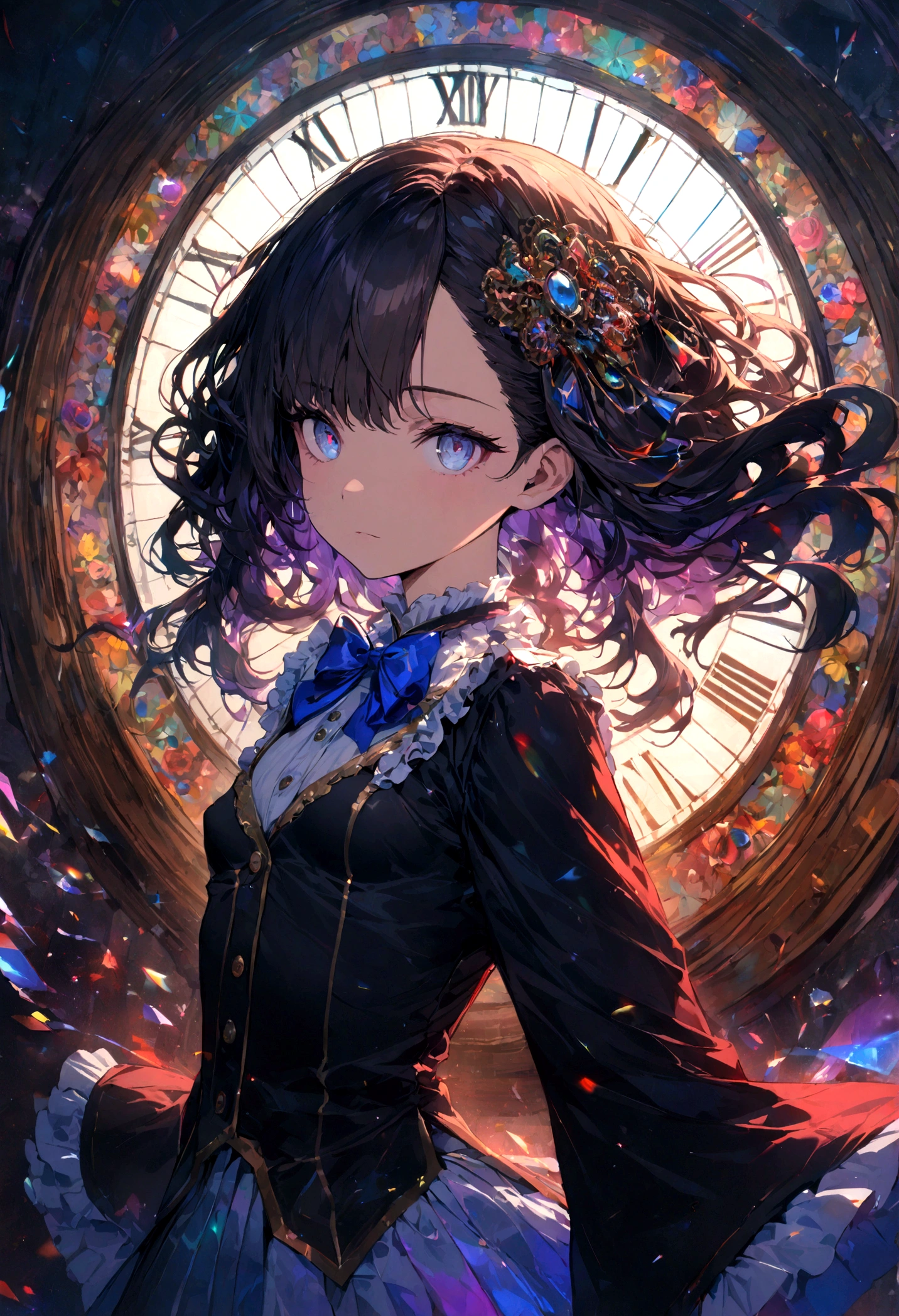((illustration)), ((floating hair)), ((chromatic aberration)), ((caustic)), lens flare, dynamic angle,  ((portrait)),  (1 girl), ((solo)), cute face, ((hidden hands)), asymmetrical bangs, (beautiful detailed eyes), eye shadow, ((huge clocks)),  ((glass strips)), (floating glass fragments), ((colorful refraction)), (beautiful detailed sky), ((dark intense shadows)), ((cinematic lighting)), ((overexposure)), (expressionless),  blank stare, big top sleeves, ((frills)), hair_ornament, ribbons, bowties, buttons, (((small breast))), pleated skirt, ((sharp focus)), ((masterpiece)), (((best quality))), ((extremely detailed)), colorful, hdr
