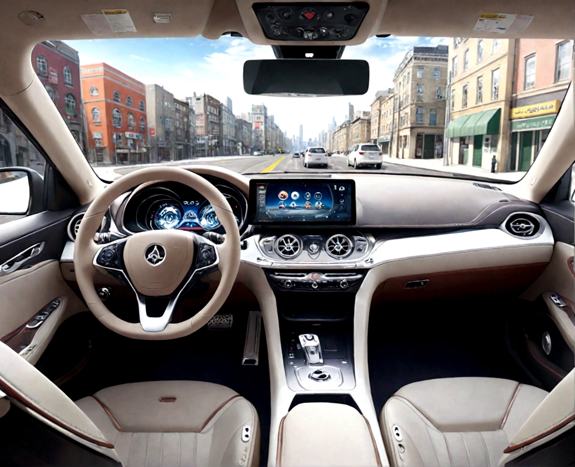 arafed view of a car with a dashboard and a view of a city, inside of a car, interior background, full view of a car, wide fov, a hyper realistic, hyper detailed scene, hyper-realistic, hyper - realistic, highly detailed environment, inside a grand, luxury, first person view perspective, realistic depiction, holographic display lenses