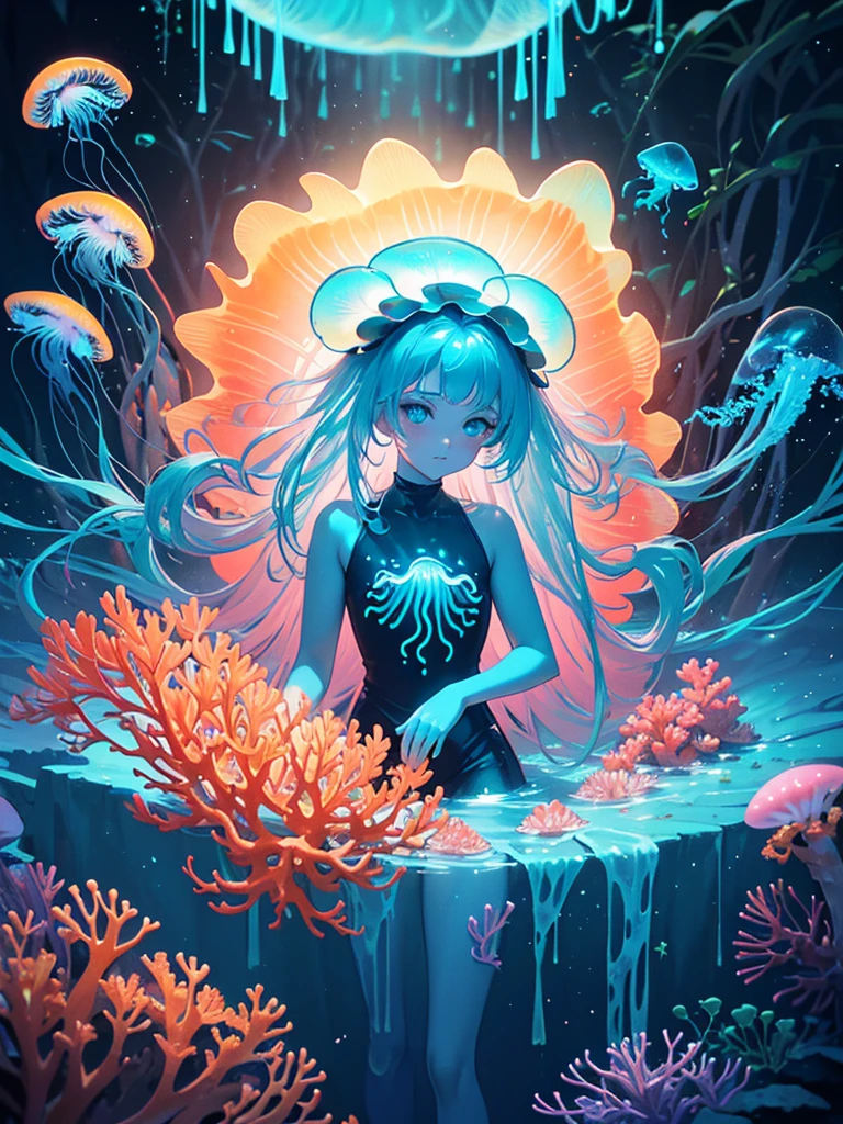 Masterpiece, best quality, (Very detailed CG unity 8k wallpaper.), (best quality), (best illustrations), (best shadow), Sea theme with natural elements. High mangrove forest, rich Marine plants, Fluorescent jellyfish, Surrounded by fish, particle effect glow,, (Marine plants), (Ocean theme), ((Fluorescent algae)), (coral), ((Fluorescent jellyfish )), ((Bioluminescent creatures in seawater)), ((Sea of Fire)), (((particle effect))), isometric 3d, Octane rendering, Ray tracing, Extremely detailed