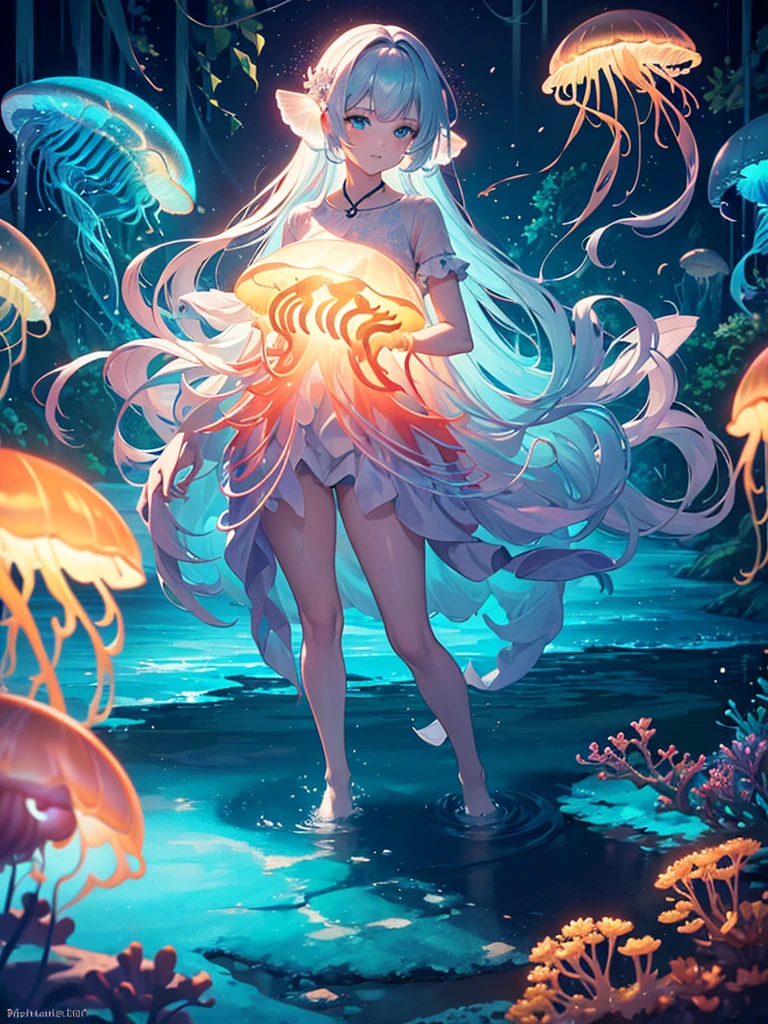 Masterpiece, best quality, (Very detailed CG unity 8k wallpaper.), (best quality), (best illustrations), (best shadow), Sea theme with natural elements. High mangrove forest, rich Marine plants, Fluorescent jellyfish, Surrounded by fish, particle effect glow,, (Marine plants), (Ocean theme), ((Fluorescent algae)), (coral), ((Fluorescent jellyfish )), ((Bioluminescent creatures in seawater)), ((Sea of Fire)), (((particle effect))), isometric 3d, Octane rendering, Ray tracing, Extremely detailed