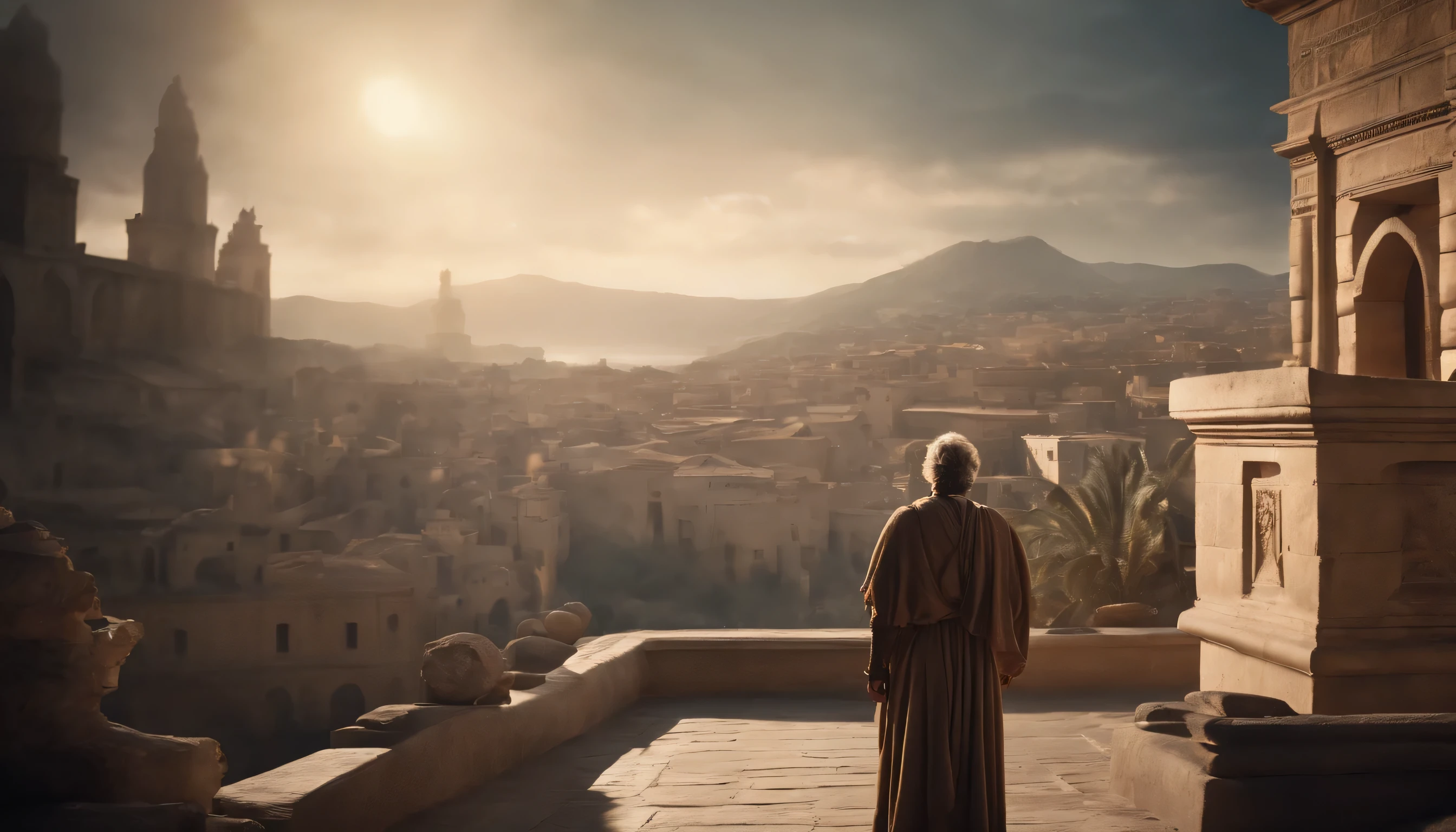 A busy ancient cityscape with empires rising and falling, highlighting a serene philosopher in the foreground