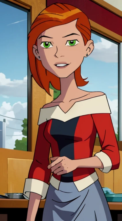((Best quality)), ((masterpiece)), (detailed), Portrait of Gwen Tennyson Omniverse. She is a young anime girl with vibrant orange hair and striking green eyes, wearing an off-shoulder gray sweater and a blue skirt. The artwork features a soft anime CG art style, capturing her cute and youthful appearance. She has a beautiful smile that exudes warmth and friendliness. The visual emphasizes her anime moe art style, presenting her as a charming and pretty anime girl. This highly detailed and high-quality portrait showcases her as an animated female character, focusing on her expressive face and delicate features. The background is subtle, ensuring that all attention remains on her captivating anime character design.