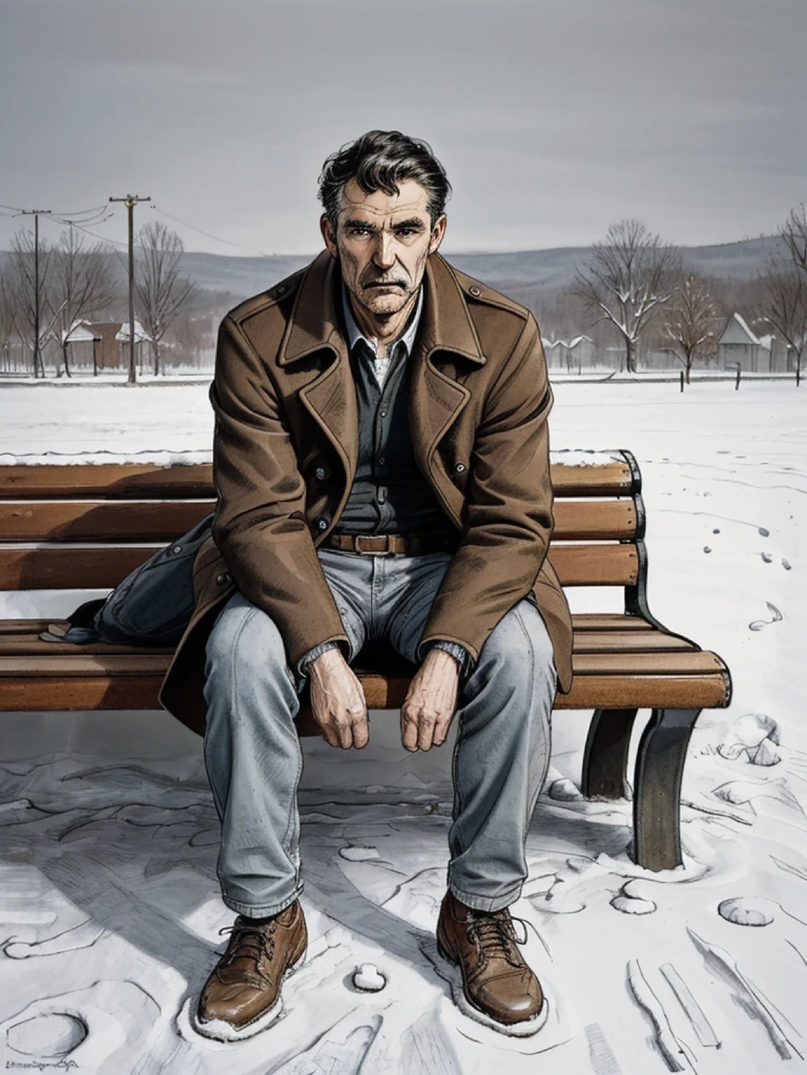 best quality, a man sat in a bench , winter long coat, a bike, wide shot