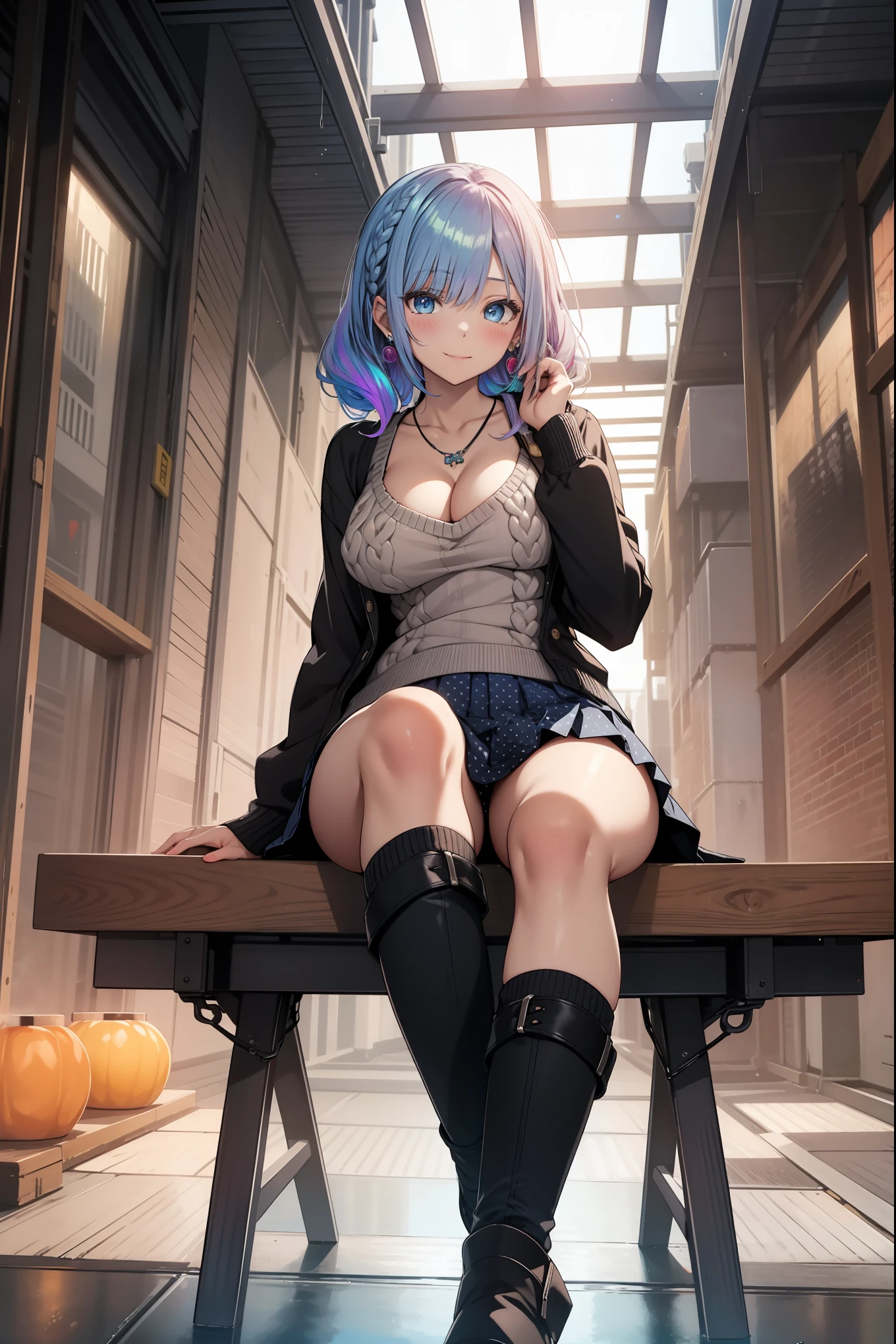 (from below:1.2),pov,Pantie focus:1.3,8K Wallpaper, masutepiece, Best Quality, Illustration, Looking at Viewer, Cowboy Shot, Perfect Anatomy, 1 Women:1.5, Solo, 24 year old,BREAK(rainbow hair), (rainbow Dutch braid), blue eyes, blush, (grin:0.5), (Happy:0.9),large breasts,cleavage:1.1,rocket bit, (Sitting Pose,Spread legs), Ribbons in the hair, Warm lighting, ((Pleated mini-skirt,knitted sweater, (Pastel iridescent colors, and polka dots),Short boots)),(zettai ryouiki, fishnet stockings tights),nabel,ear jewelry,BREAK,(Daylight hours,seaside park,Warm sunshine)