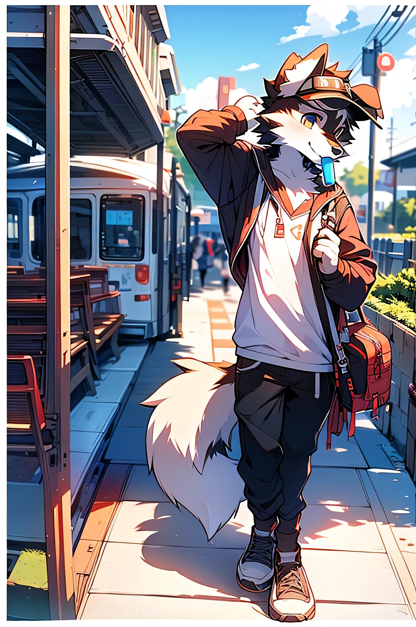 Border collie boy，high school student，uniform，Age 15 years old，Going to school by train，tail， 4K ultra-vivid，High resolution，alone, wear, visor, Licking a popsicle, summer,
