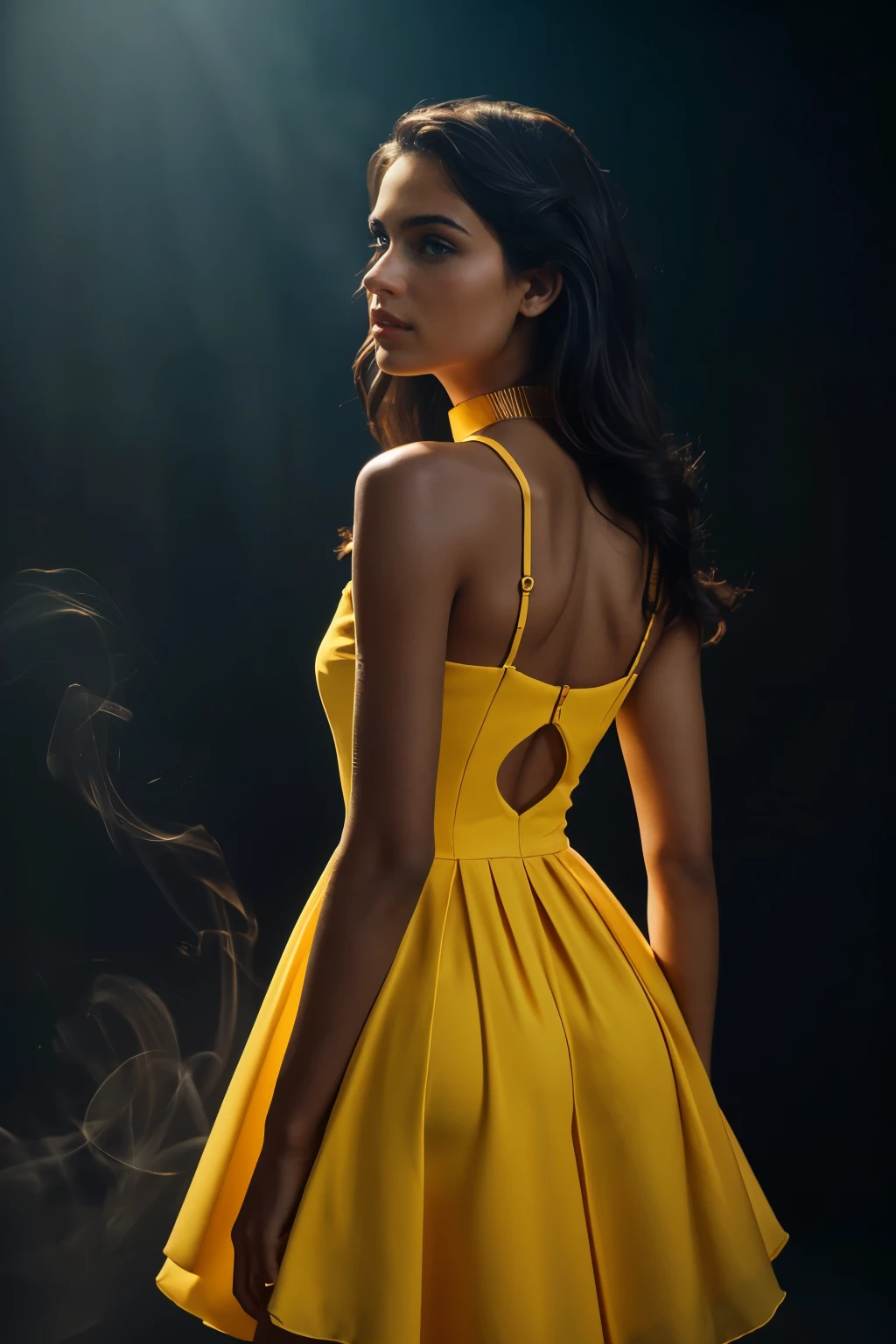 In this photograph, an Indian Instagram female model in her mid-20s takes center stage. , (highly detailed face:1.4) (smile:0.7) (backround 5 star hotel , moody, private study:1.OV, by lee jeffries, nikon d850, film stock photograph ,4 kodak portra 400 ,camera f1.6 lens ,rich colors ,hyper realistic ,lifelike texture, dramatic lighting , cinestill 800, realistic, wearing yellow red and black combination dobby weave self design fit & flare dress Sweetheart neck Short, puff sleeve Tie-up detail on back Above knee length in flounce hem Attached Lining Chiffon fabric, actress, karla ortiz, posing!!, candid picture, by Max Dauthendey,Completing the aesthetic, the model wears a slave collar with a chain around her neck. The photograph is meticulously captured in 8K resolution using cutting-edge techniques such as Cinema 4D and Octane Render, resulting in a highly detailed and photorealistic image. Studio lighting, HDR, and a smoky mist create a captivating ambiance, while the bokeh effect adds an artistic touch.