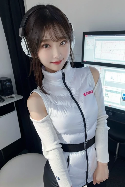 An innocent 20-year-old girl、((White tank top, Dramatic Pose)),smile,BREAK (Spacecraft control room background):2,、BREAK RAW Photos, (8k、highest quality、masterpiece:1.2)、(Intricate details:1.4)、(Photorealistic:1.4)、Octane Rendering、Complex 3D rendering with ultra-detail, Studio Soft Light, Rim Light, Vivid details, Super Detail, Realistic skin texture, Detailed aspect, Beautiful details in the eyes, Highly detailed CG Unity 16k wallpaper, compensate, (Detailed Background:1.2), Glowing Skin, whole body、(astrovest):2,(black long sleeves):5,headphone,smartwatch,((Standing with hands behind back、Leaning forward、Angle from above))