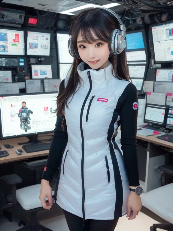 masterpiece, highest quality, Very detailed, 8K Portrait,Japanese Android Girl,plump , Control panel,Robotic arms and legs, Blunt bangs,,break (Metallic Gray, Metallic luster, Mirror finish, Astro Best):5,headphone:5,break (Black sleeves):100,Smart Watches,Futuristic space station,Control Room,break headphone,blue eyes,(Black Hair):2,(Long Hair):1.3,View the viewer,(respirator),break blush:3,Hidden Hand,smile