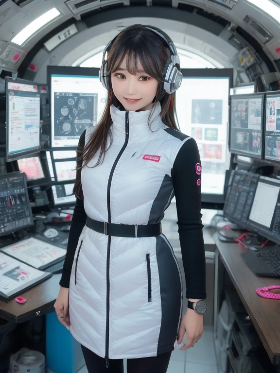 masterpiece, highest quality, Very detailed, 8K Portrait,Japanese Android Girl,plump , Control panel,Robotic arms and legs, Blunt bangs,,break (Metallic Gray, Metallic luster, Mirror finish, Astro Best):5,headphone:5,break (Black sleeves):100,Smart Watches,Futuristic space station,Control Room,break headphone,blue eyes,(Black Hair):2,(Long Hair):1.3,View the viewer,(respirator),break blush:3,Hidden Hand,smile