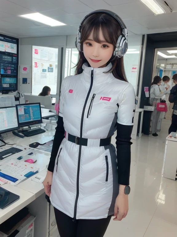 masterpiece, highest quality, Very detailed, 8K Portrait,Japanese Android Girl,plump , Control panel,Robotic arms and legs, Blunt bangs,,break (Metallic Gray, Metallic luster, Mirror finish, Astro Best):5,headphone:5,break (Black sleeves):100,Smart Watches,Futuristic space station,Control Room,break headphone,blue eyes,(Black Hair):2,(Long Hair):1.3,View the viewer,(respirator),break blush:3,Hidden Hand,smile