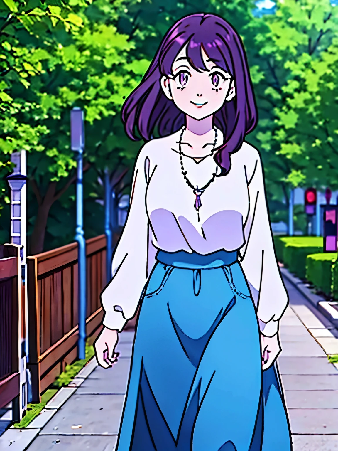 A **************** with purple eyes, white skin, long wavy black hair with bangs and violet highlights. She has a  and necklaces. She is walking alone through a park, with an excited smile.