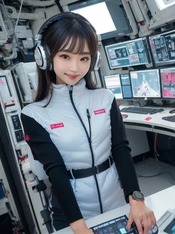 masterpiece, highest quality, Very detailed, 8K Portrait,Japanese Android Girl,plump , Control panel,Robotic arms and legs, Blunt bangs,,break (Metallic Gray, Metallic luster, Mirror finish, Astro Best):5,headphone:5,break (Black sleeves):100,Smart Watches,Futuristic space station,Control Room,break headphone,blue eyes,(Black Hair):2,(Long Hair):1.3,View the viewer,(respirator),break blush:3,Hidden Hand,smile