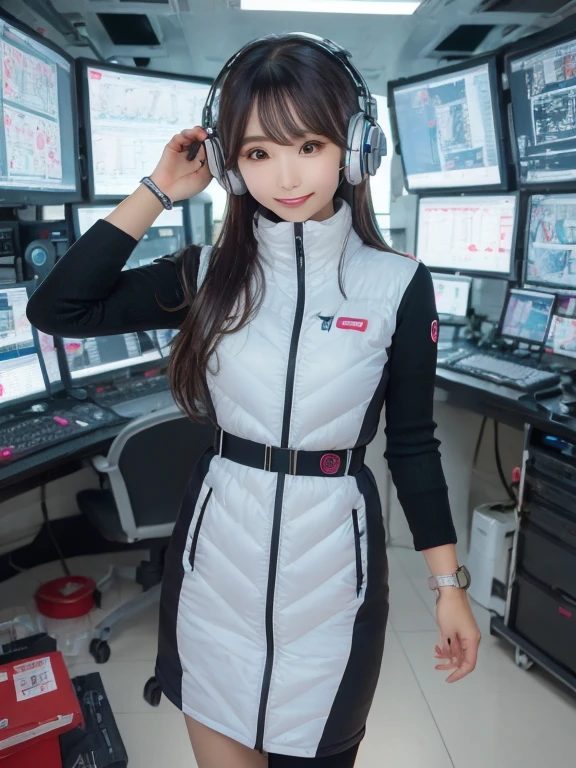 masterpiece, highest quality, Very detailed, 8K Portrait,Japanese Android Girl,plump , Control panel,Robotic arms and legs, Blunt bangs,,break (Metallic Gray, Metallic luster, Mirror finish, Astro Best):5,headphone:5,break (Black sleeves):100,Smart Watches,Futuristic space station,Control Room,break headphone,blue eyes,(Black Hair):2,(Long Hair):1.3,View the viewer,(respirator),break blush:3,Hidden Hand,smile