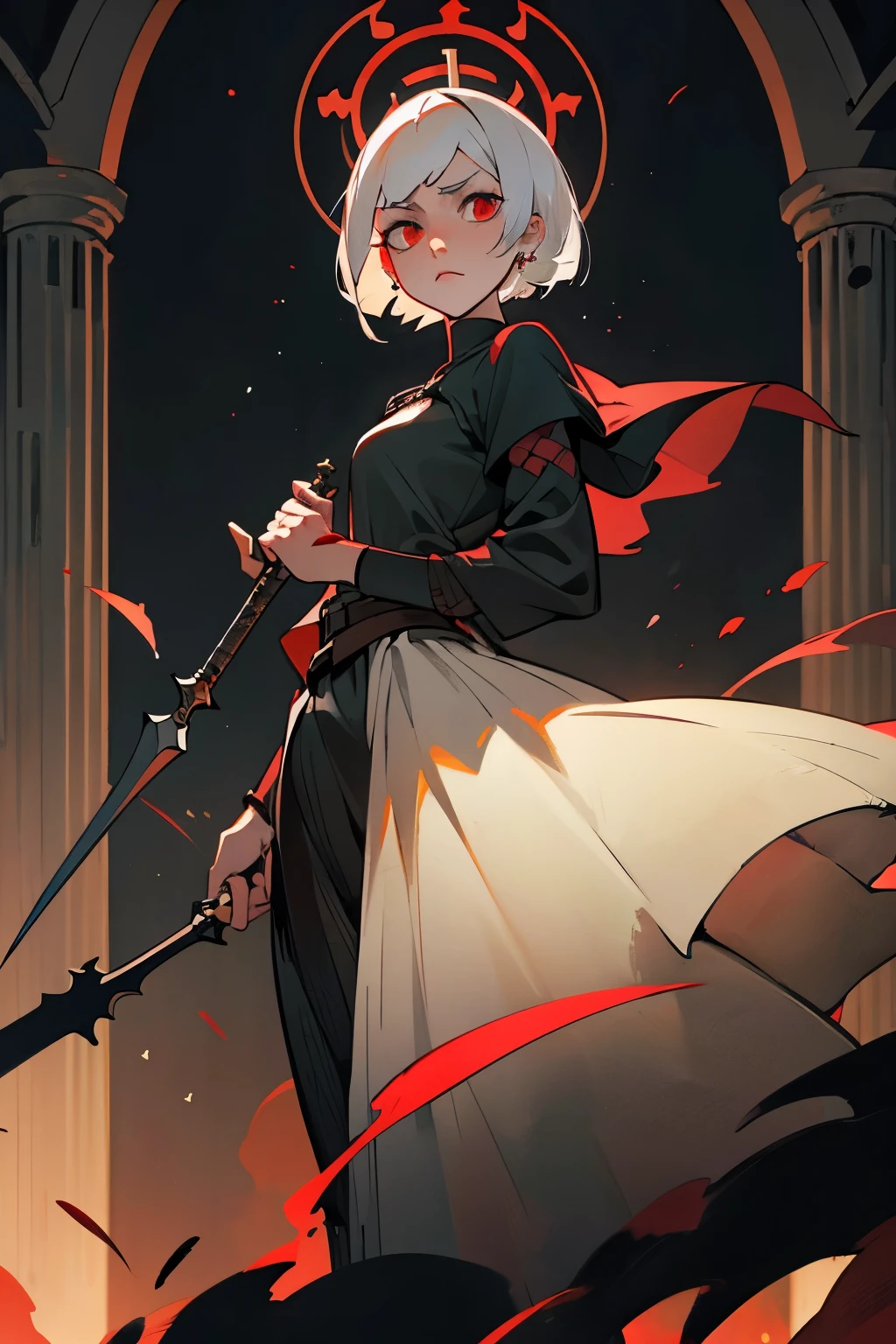 white-haired girl,short haircut, side bangs, gray skin, Red eyes, cross earring, occultist outfit, dagger in hand, full height, dynamic pose, A Close Look, night, The light from the lantern, against the backdrop of a medieval street and dark gates