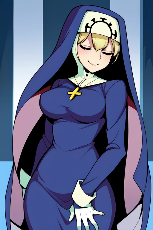 Double, short blonde hair, medium breasts, solo, smiling, cowboy shot, closed eyes,
blue habit, cross necklace ,white gloves, long sleeves, nun, long skirts, cloak
(insanely detailed, beautiful detailed face,beautiful detailed eyes, masterpiece, best quality) forest