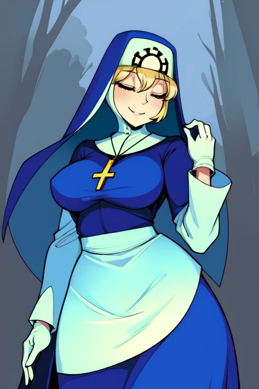 Double, short blonde hair, medium breasts, solo, smiling, cowboy shot, closed eyes,
blue habit, cross necklace ,white gloves, long sleeves, nun, long skirts, cloak
(insanely detailed, beautiful detailed face,beautiful detailed eyes, masterpiece, best quality) forest