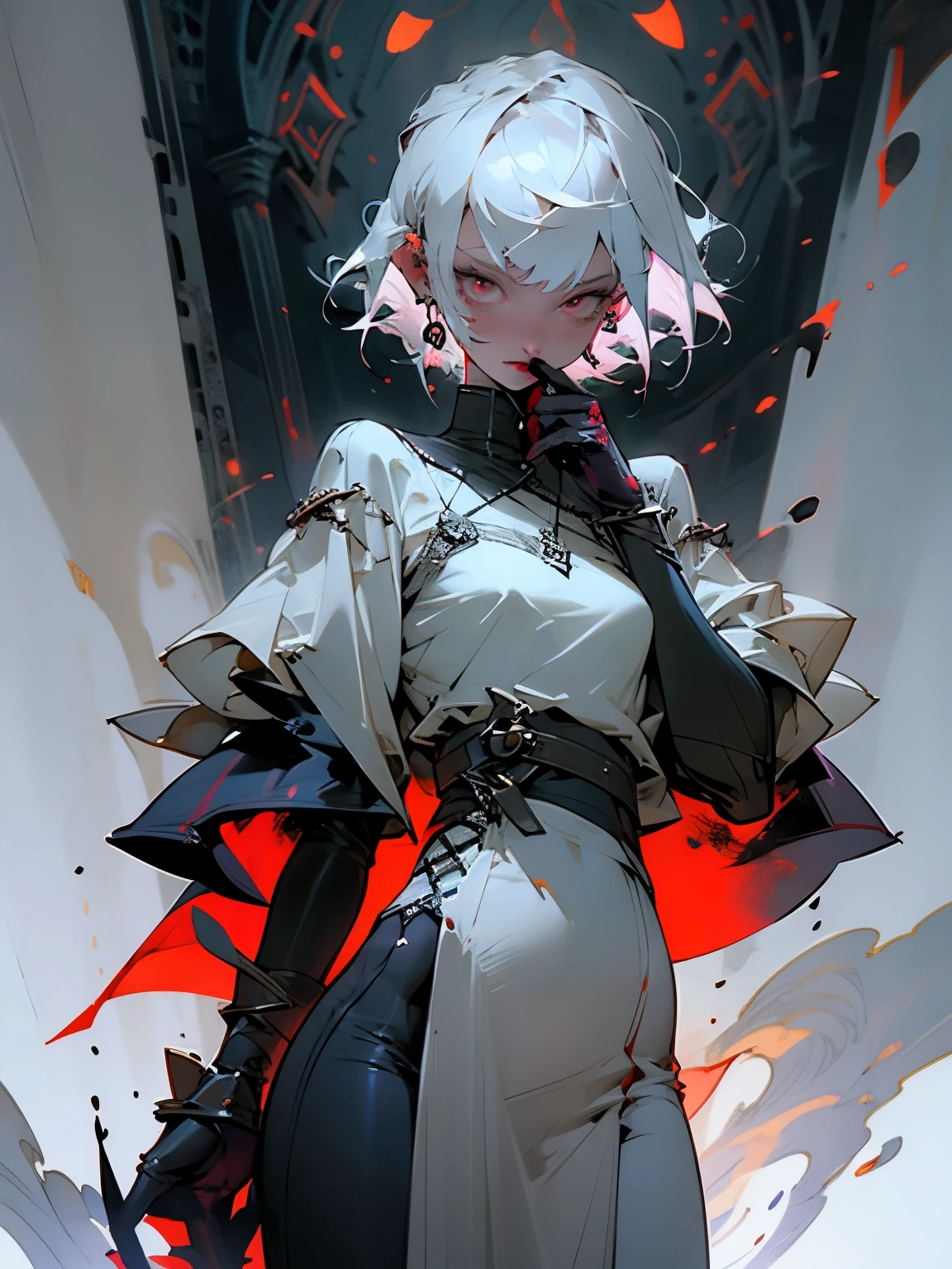 white-haired girl,short haircut, side bangs, gray dark purple leather, Red eyes, cross earring, occultist outfit, dagger in hand,Full-length, Static Pose, A Close Look, night, The light from the lantern, against the backdrop of a medieval street and dark gates Black sky, illuminated by the scarlet moon., wheat field with swords stuck in the ground, manga style, Greek