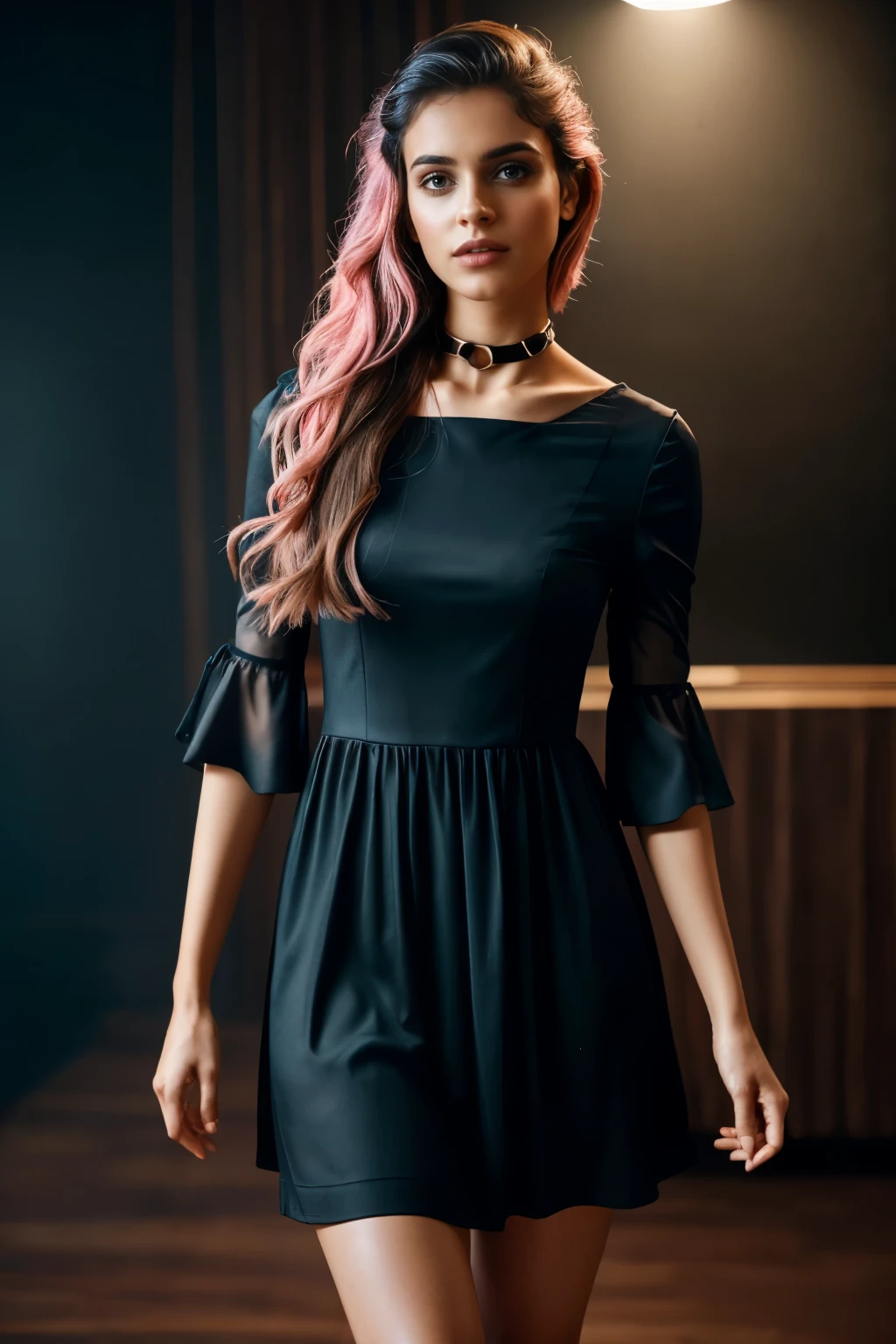 In this photograph, an Indian Instagram female model in her mid-20s takes center stage. , (highly detailed face:1.4) (smile:0.7) (backround 5 star hotel , moody, private study:1.OV, by lee jeffries, nikon d850, film stock photograph ,4 kodak portra 400 ,camera f1.6 lens ,rich colors ,hyper realistic ,lifelike texture, dramatic lighting , cinestill 800, realistic, wearing red pink and black combination dobby weave self design fit & flare dress Sweetheart neck Short, puff sleeve Tie-up detail on back Above knee length in flounce hem Attached Lining Chiffon fabric, actress, karla ortiz, posing!!, candid picture, by Max Dauthendey,Completing the aesthetic, the model wears a slave collar with a chain around her neck. The photograph is meticulously captured in 8K resolution using cutting-edge techniques such as Cinema 4D and Octane Render, resulting in a highly detailed and photorealistic image. Studio lighting, HDR, and a smoky mist create a captivating ambiance, while the bokeh effect adds an artistic touch.