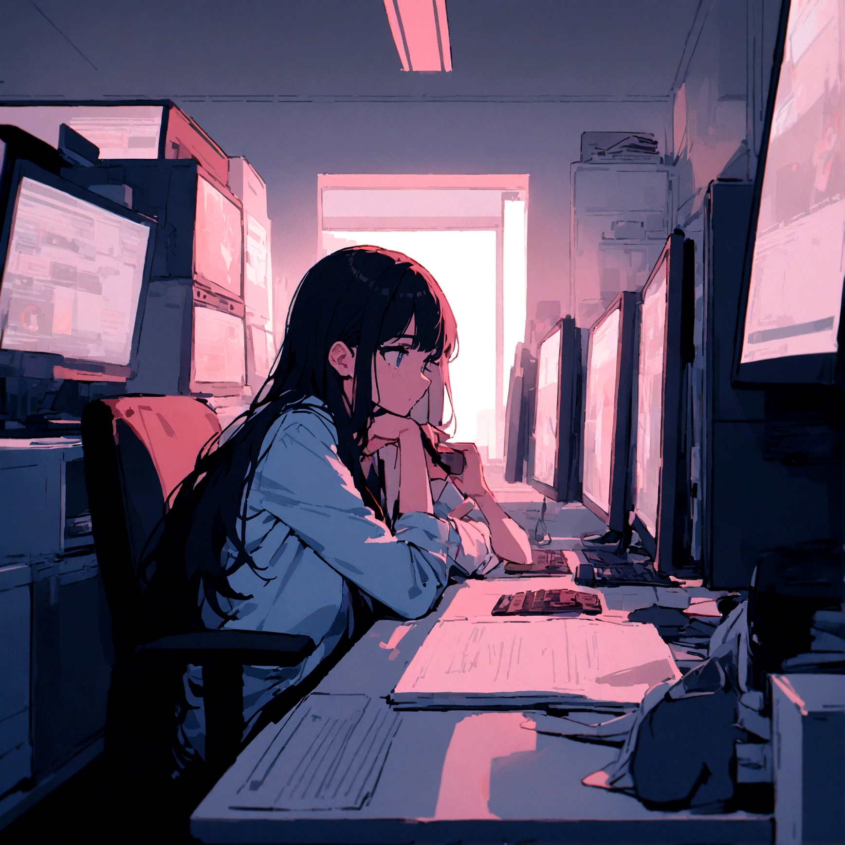 8bits, best quality, office, long hair , man , studying, multiple monitors, multiple computers, masterpiece