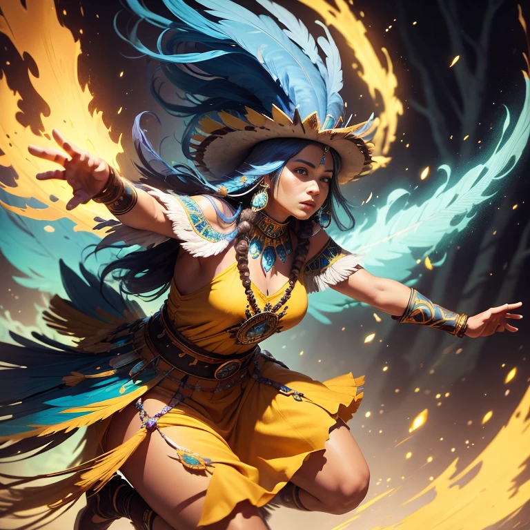 A blue hair native American shaman lady wearing a dark yellow tunic, wearing a feathered hat, feathered colorful dress, forest background, dynamic pose