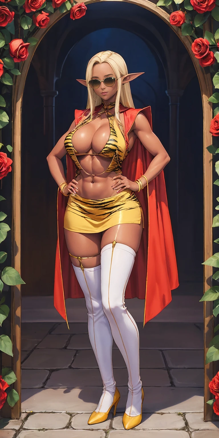 Full body, masterpiece, female elf Dark skin standing pose (kuro Gyaru dark elf pirotess black skin) (yellow tiger bikini), red cape, red bikini, long white hair, strong body, abs, Shiny Skin, Sunglasses, FEMALE, big breasts, voluminous breasts, curvy breasts, mesh stockings, standing with a bouquet (red roses), full height, bottom view, best quality, very detailed, ultra 8k resolution, huge breast, coat , vest, long skirt, portrait, full body, Victoria's clothing, long dress, knight, pants, black skin suit, medieval city, plants, vest, polo shirt, forest, long skirt