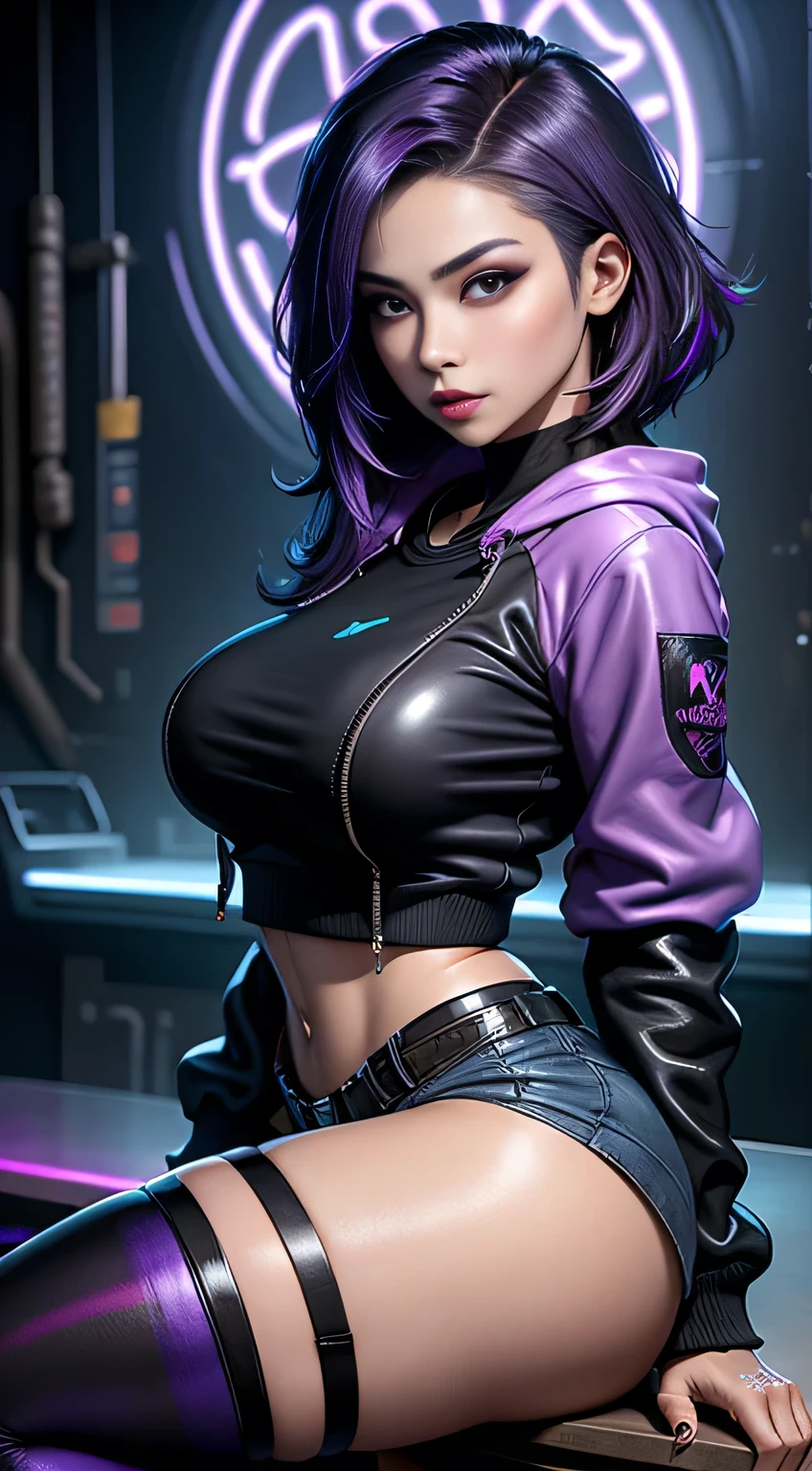sfw, (sitting legs open), (masterpiece), the best quality, (wide shot), expressive eyes, perfect face, a beautiful Dashing girl, fierce woman, cool girl, Dashing girl, (smirk), luxury, (black hair with purple tip, multicolored hair, colored inner hair, short hair), aqua eyes, ((black cropped hoodie jacket), short skirt, high tights, purple trim, Leather), high boot, hourglass body shape, curvy, tight thighs, professional, Extremely aesthetic, (immersive), (cool), stylish, fantasy mixed realistic art style, Extremely detailed realistic clothing, (Glow Paint, hight details Neon Sign, A neon sign designed in an anime style, glow Neon Sign, night city as background), She stood in front of the neon sign , detailed face, glossy lips, eyeshadow, lipstick,、 wearing bra,((skinny waist)), young asian girl, ((big breasted)),