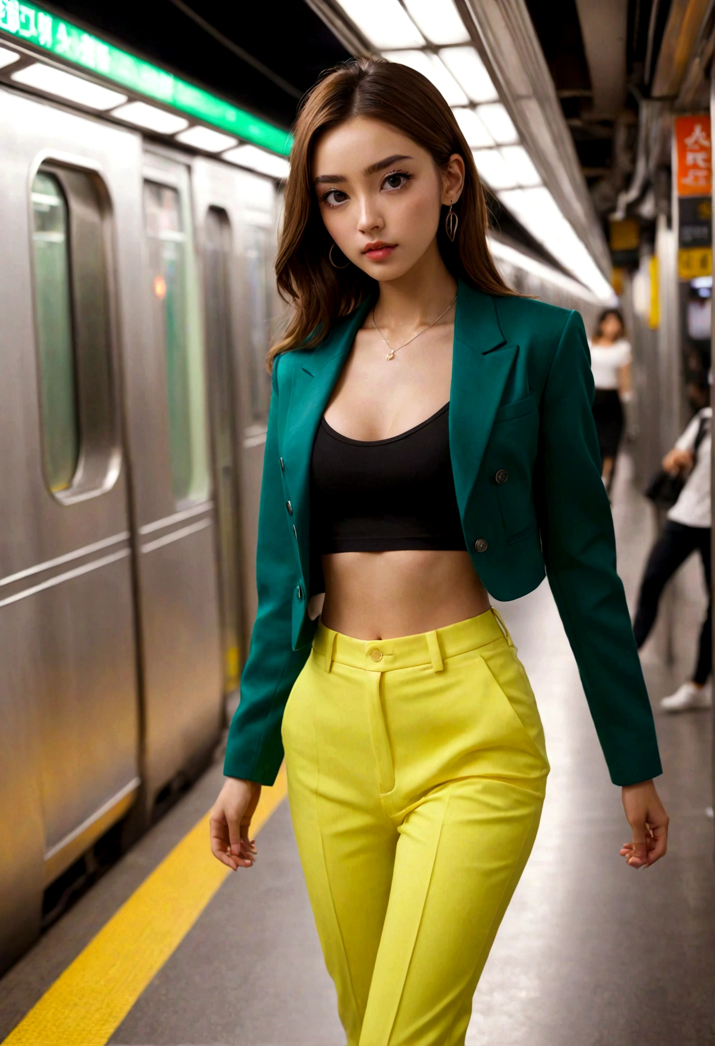 araffe woman walk in Night Neon lighted Road, there is a woman in a suit and tie on a subway, cropped shirt with jacket, physical : tinyest midriff ever, wearing a crop top, sexy :8, wearing a sexy cropped top, with abs, wearing a cropped top, wearing crop top, dilraba dilmurat, wearing a cropped tops, her belly button is exposed