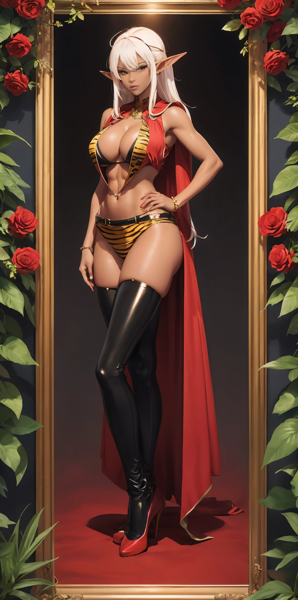 Full body, masterpiece, female elf Dark skin standing pose (kuro Gyaru dark elf pirotess black skin) (yellow tiger bikini), red cape, red bikini, long white hair, strong body, abs, Shiny Skin, Sunglasses, FEMALE, big breasts, voluminous breasts, curvy breasts, mesh stockings, standing with a bouquet (red roses), full height, bottom view, best quality, very detailed, ultra 8k resolution, huge breast, coat , vest, long skirt, portrait, full body, Victoria's clothing, long dress, knight, pants, black skin suit, medieval city, plants, vest, polo shirt, forest, long skirt