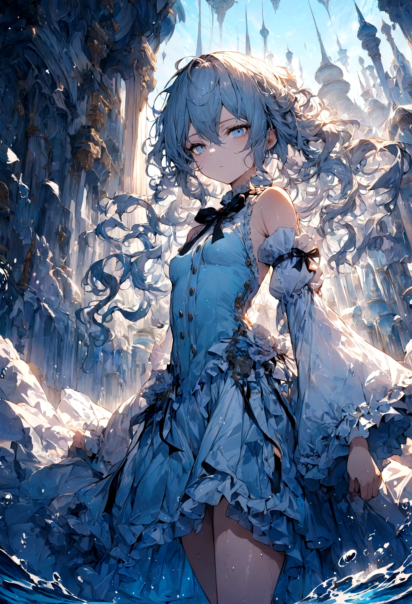 ((masterpiece)), (((best quality))), ((ultra-detailed)), ((illustration)), ((disheveled hair)), ((frills)), (1 girl), (solo), dynamic angle, big top sleeves, floating, beautiful detailed sky, on beautiful detailed water, beautiful detailed eyes, overexposure, (fist), expressionless, side blunt bangs, hairs between eyes, ribbons, bowties, buttons, bare shoulders, (((small breast))), detailed wet clothes, blank stare, pleated skirt, flowers
(((masterpiece))),best quality, illustration,(beautiful detailed girl),beautiful detailed glow,detailed ice,beautiful detailed water,(beautiful detailed eyes),expressionless,(floating palaces),azure hair,disheveled hair,long bangs, hairs between eyes,(skyblue dress),black ribbon,white bowties,midriff,{{{half closed eyes}}},big forhead,blank stare,flower,large top sleeves
