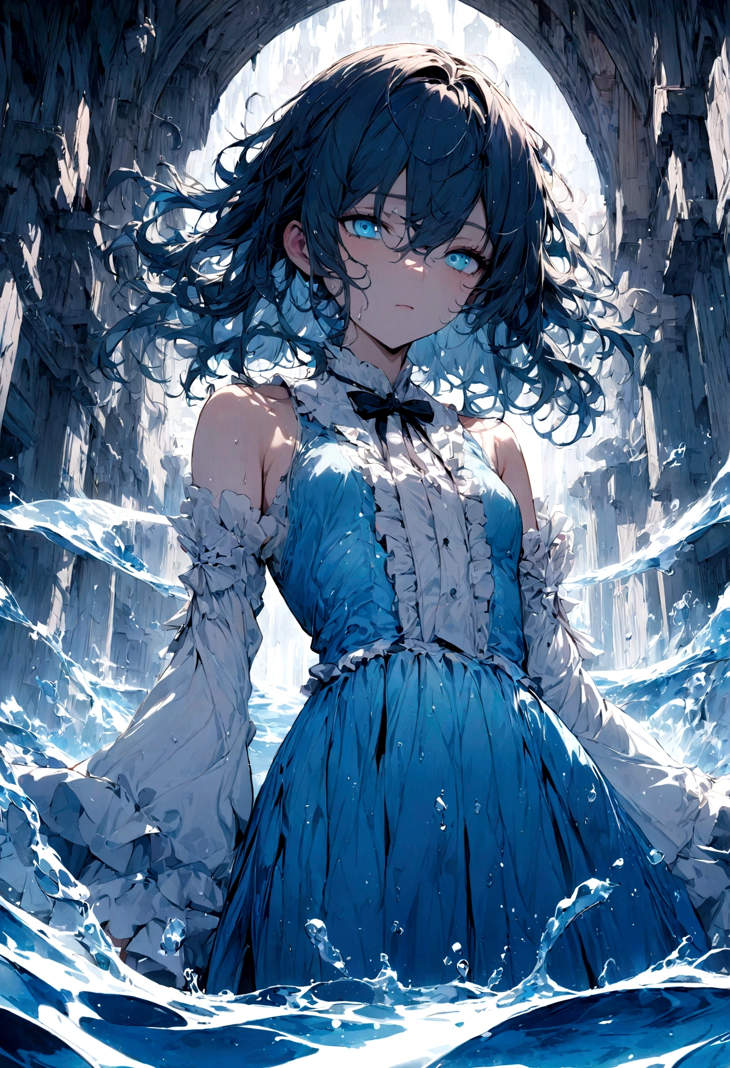 ((masterpiece)), (((best quality))), ((ultra-detailed)), ((illustration)), ((disheveled hair)), ((frills)), (1 girl), (solo), dynamic angle, big top sleeves, floating, beautiful detailed sky, on beautiful detailed water, beautiful detailed eyes, overexposure, (fist), expressionless, side blunt bangs, hairs between eyes, ribbons, bowties, buttons, bare shoulders, (((small breast))), detailed wet clothes, blank stare, pleated skirt, flowers
(((masterpiece))),best quality, illustration,(beautiful detailed girl),beautiful detailed glow,detailed ice,beautiful detailed water,(beautiful detailed eyes),expressionless,(floating palaces),azure hair,disheveled hair,long bangs, hairs between eyes,(skyblue dress),black ribbon,white bowties,midriff,{{{half closed eyes}}},big forhead,blank stare,flower,large top sleeves
