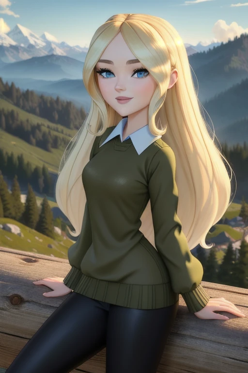 ((Best quality)), ((Masterpiece)), (detailed), (4K quality), (Detailed face:1.2), (Detailed eyes:1.2), (Perfect figure:1.2), absurdres, Dawn_Total_Drama, long blonde hair, bright blue eyes, pale skin, (Wearing: olive green sweater, black leggings, white boots:1.2), solo, smiling, looking at viewer, cowboy shot, cinematic composition, dynamic pose, (Background: Outdoors, overlooking valley, redwood trees, view of the mountains)
