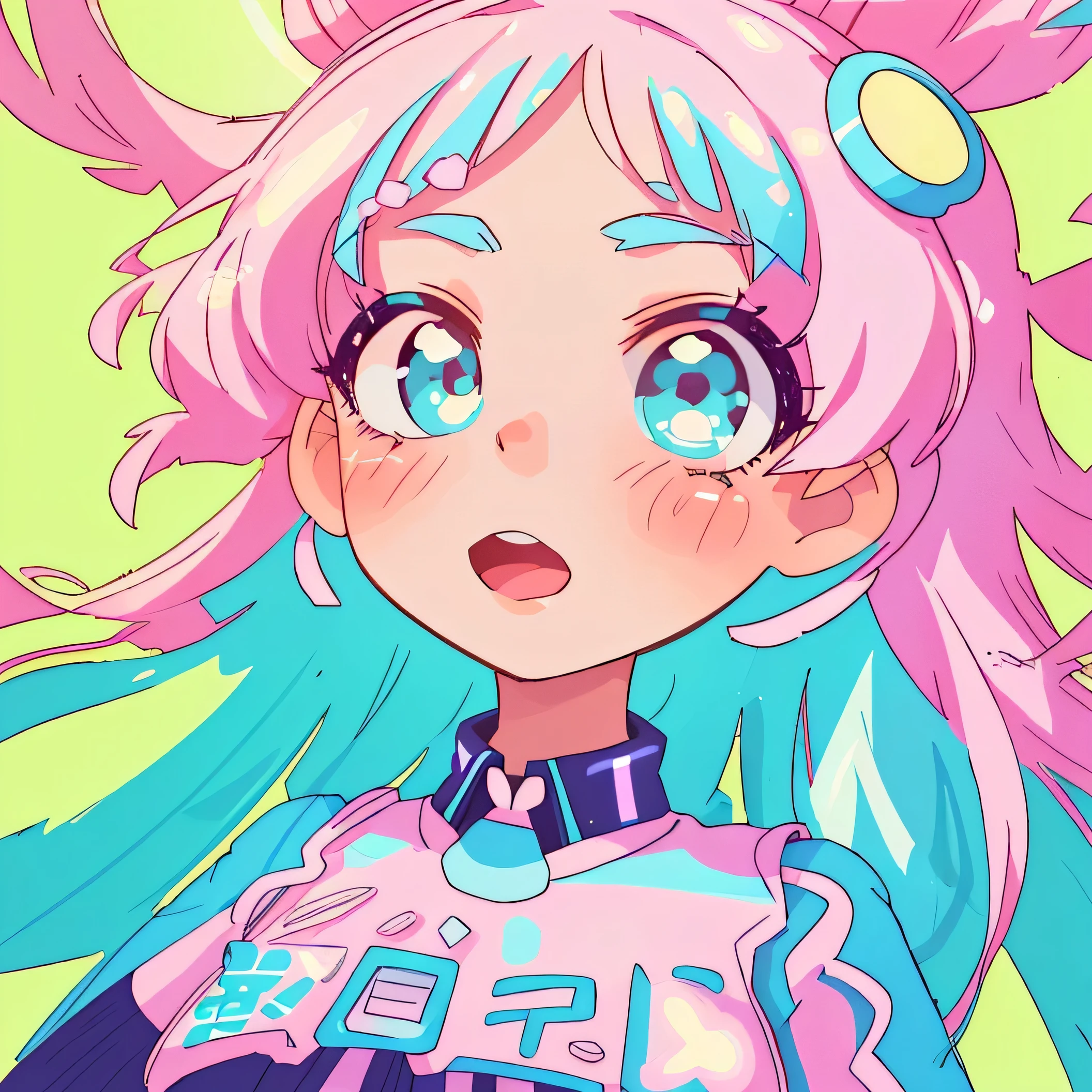 (masterpiece, best quality, ultra-detailed, highres, best illustration), harajuku pop fashion girl, aesthetic of pop art, synthwave, retrofuturism, happy cute girl, peromekuri tamanoi style, extremely detailed face, beautiful detailed eyes, beautiful detailed lips, long eyelashes, vibrant colors, neon lights, cyberspace background, holographic effects, glowing accessories, dynamic pose, youthful energy, half body