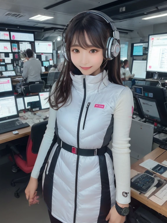 masterpiece, highest quality, Very detailed, 8K Portrait,Japanese Android Girl,plump , Control panel,Robotic arms and legs, Blunt bangs,,break (Metallic Gray, Metallic er, Mirror finish, Astro Best):5,headphone:5,break (Black sleeves):100,Smart Watches,Futuristic space station,Control Room,break headphone,blue eyes,(Black Hair):2,(Long Hair):1.3,View the viewer,(respirator),break blush:3,Hidden Hand,smile