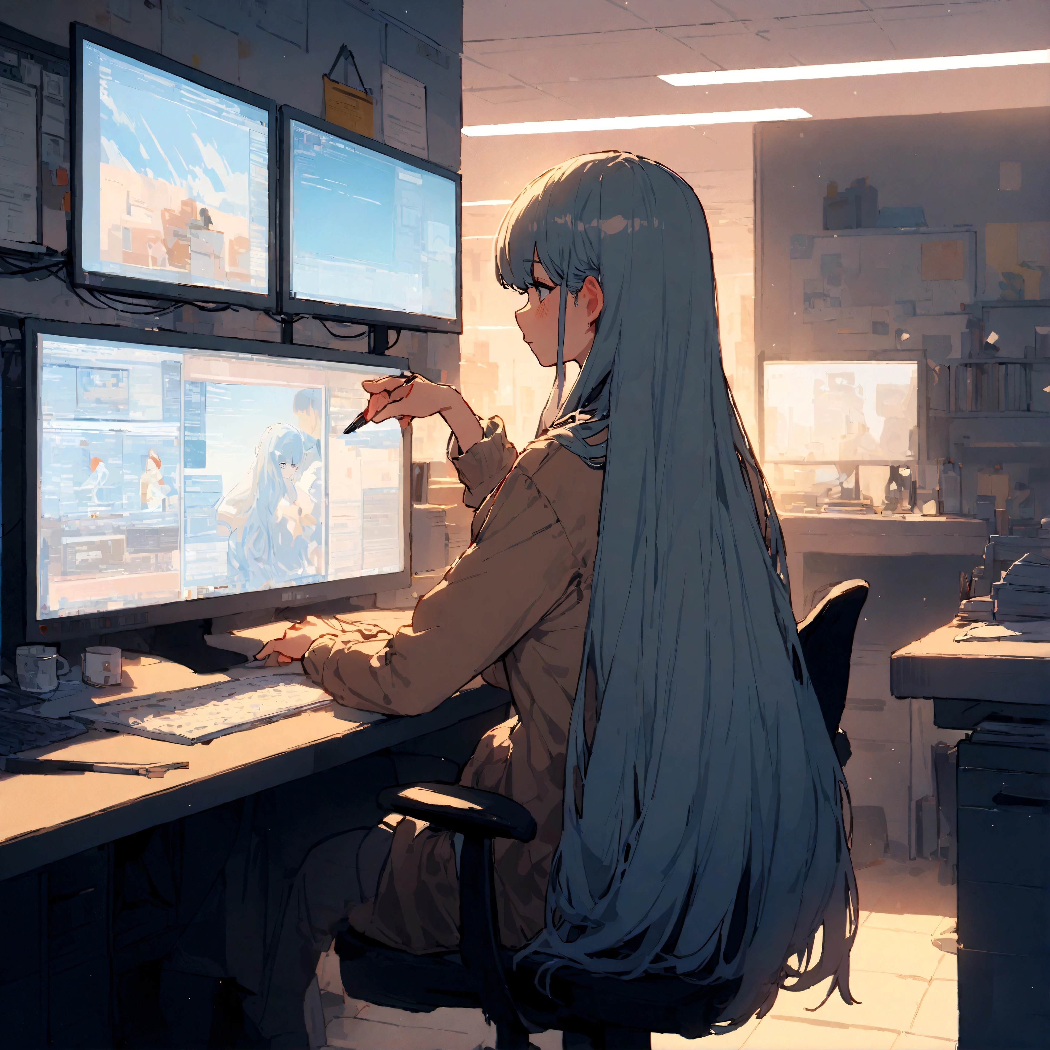 8bits, best quality, office, long hair , man , studying, multiple monitors, multiple computers, masterpiece