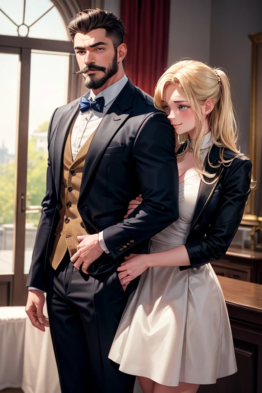 Best quality, masterpiece, An adult muscular brunette man with a mustache and beard in a formal suit hugs a young beautiful blonde girl in casual clothes from behind.